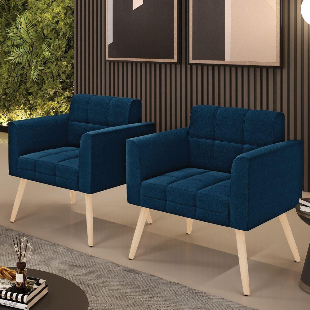 Poltrona Sala Estar Pé Palito Natural Kit 2 Elisa Bouclê Azul D03 - D'rossi - 7