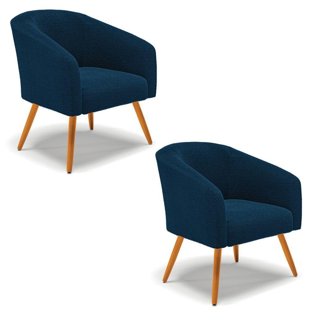 Poltrona Para Sala Pé Palito Castanho Kit 2 Stella Bouclê Azul D03 - D'rossi - 1