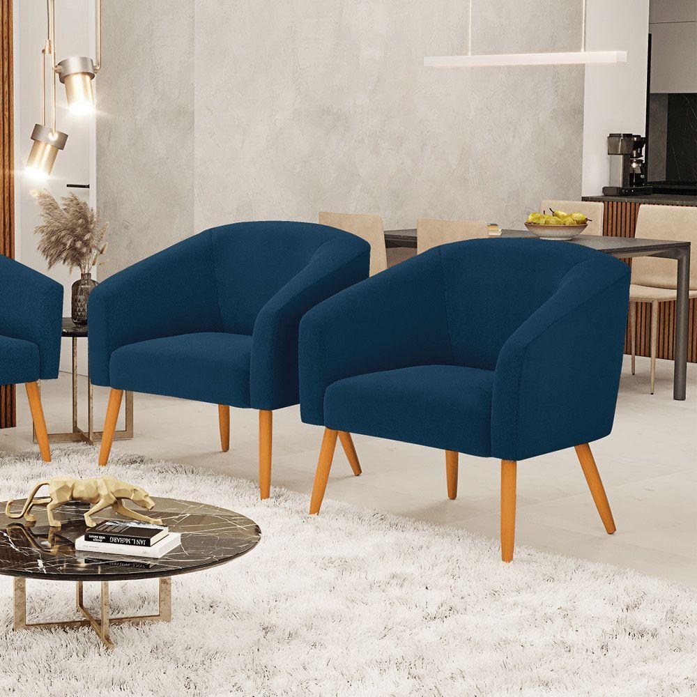 Poltrona Para Sala Pé Palito Castanho Kit 2 Stella Bouclê Azul D03 - D'rossi - 7