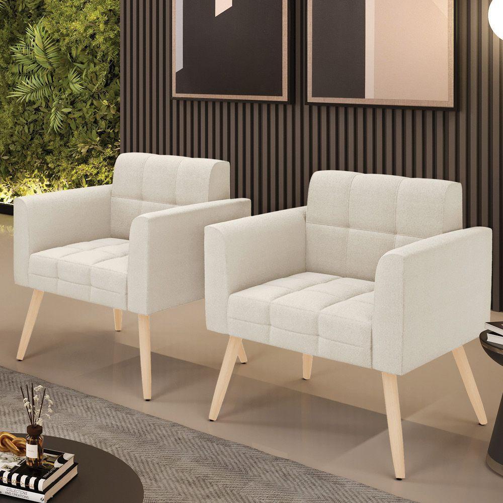 Poltrona Sala Estar Pé Palito Natural Kit 2 Elisa Bouclê Bege D03 - D'rossi - 7