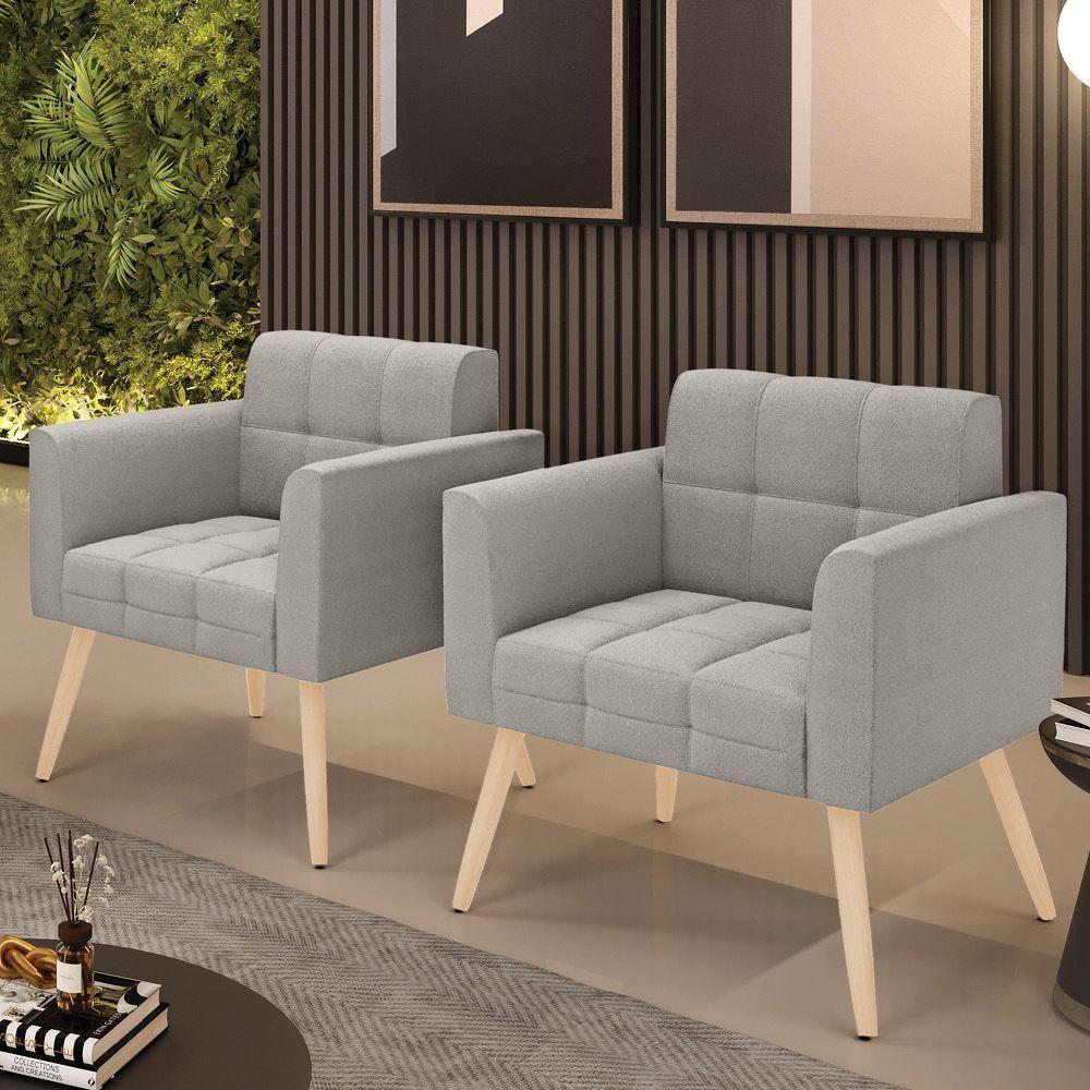 Poltrona Sala Estar Pé Palito Natural Kit 2 Elisa Bouclê Cinza D03 - D'rossi - 7