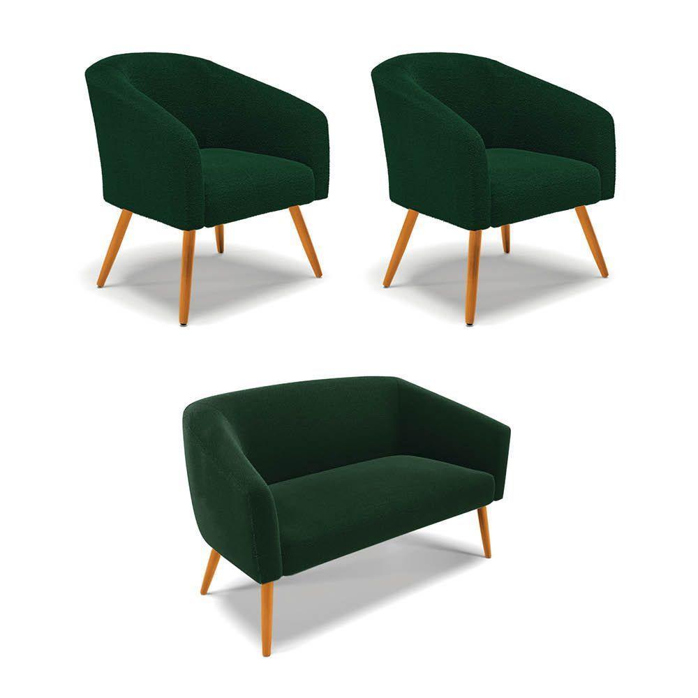 Namoradeira E 2 Poltronas Pé Palito Castanho Stella Bouclê Verde D03 - D'rossi - 1
