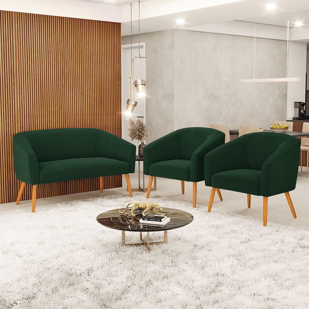 Namoradeira E 2 Poltronas Pé Palito Castanho Stella Bouclê Verde D03 - D'rossi - 8