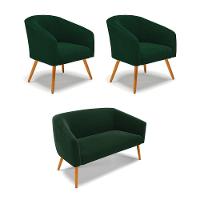 Namoradeira E 2 Poltronas Pé Palito Castanho Stella Bouclê Verde D03 - D'rossi - 1