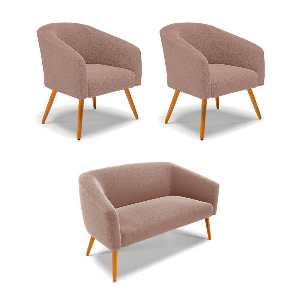 Namoradeira E 2 Poltronas Pé Palito Castanho Stella Bouclê Rosê D03 - D'rossi - 1