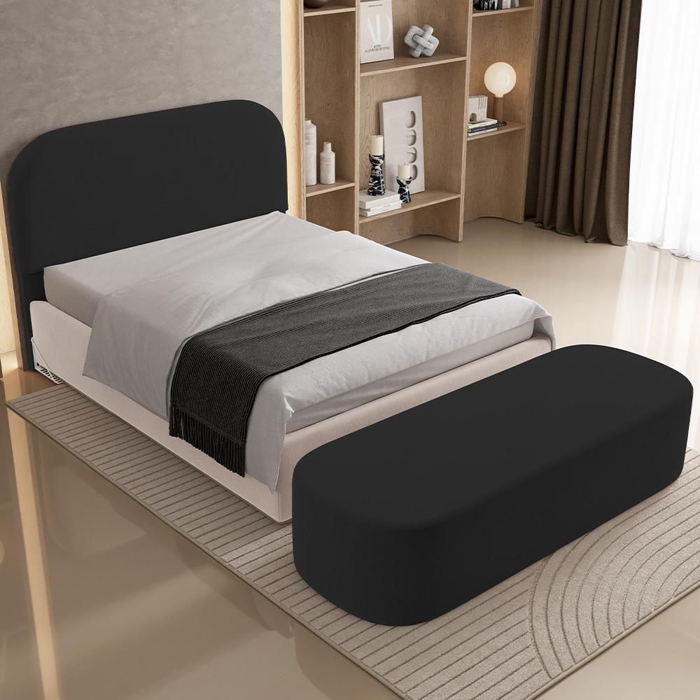 Cabeceira Cama Box Casal 140cm Lanna Com Puff Recamier Doha W01 Suede Preto - Lyam Decor - 9