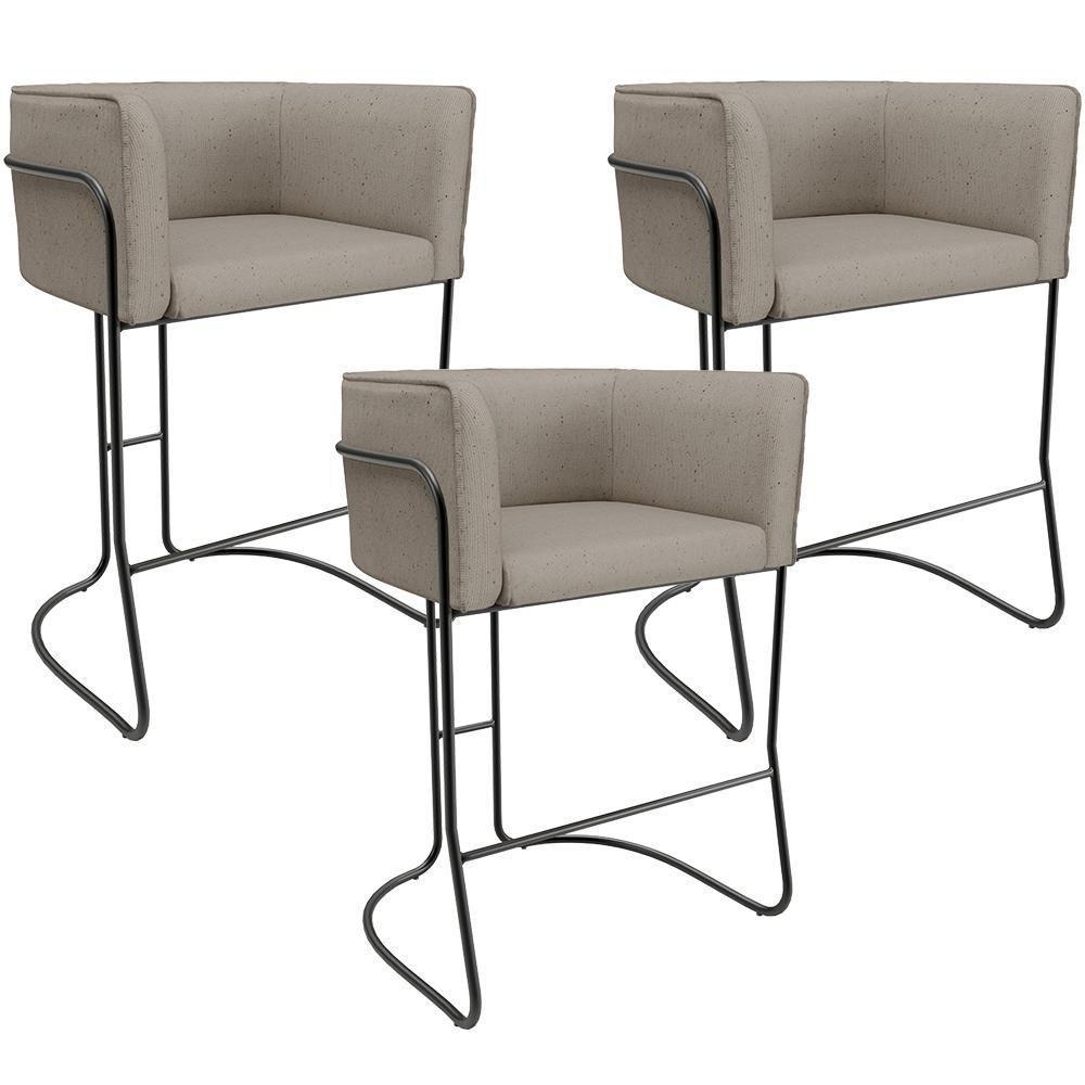 Kit 03 Banquetas Baixa Base De Aço Preto Betina D02 Linho Bege D-463 - Lyam Decor - 1