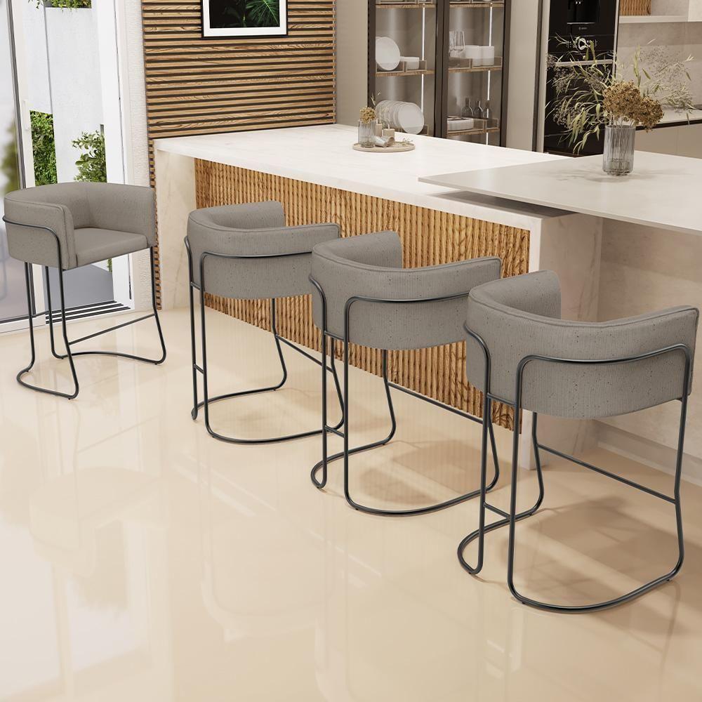 Kit 03 Banquetas Baixa Base De Aço Preto Betina D02 Linho Bege D-463 - Lyam Decor - 6