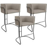 Kit 03 Banquetas Baixa Base De Aço Preto Betina D02 Linho Bege D-463 - Lyam Decor - 1