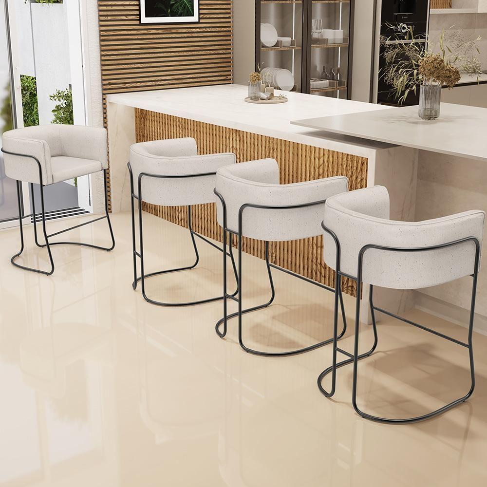 Banqueta Decorativa Fixa Baixa Base De Aço Preto Betina D02 Linho Cru D-461 - Lyam Decor - 6