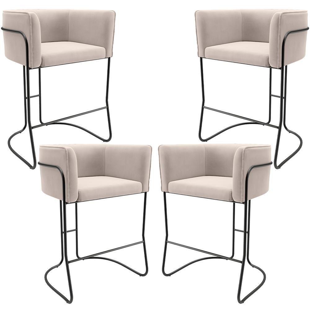 Kit 04 Banquetas Baixa Base De Aço Preto Betina D02 Suede Bege C-309 - Lyam Decor - 1