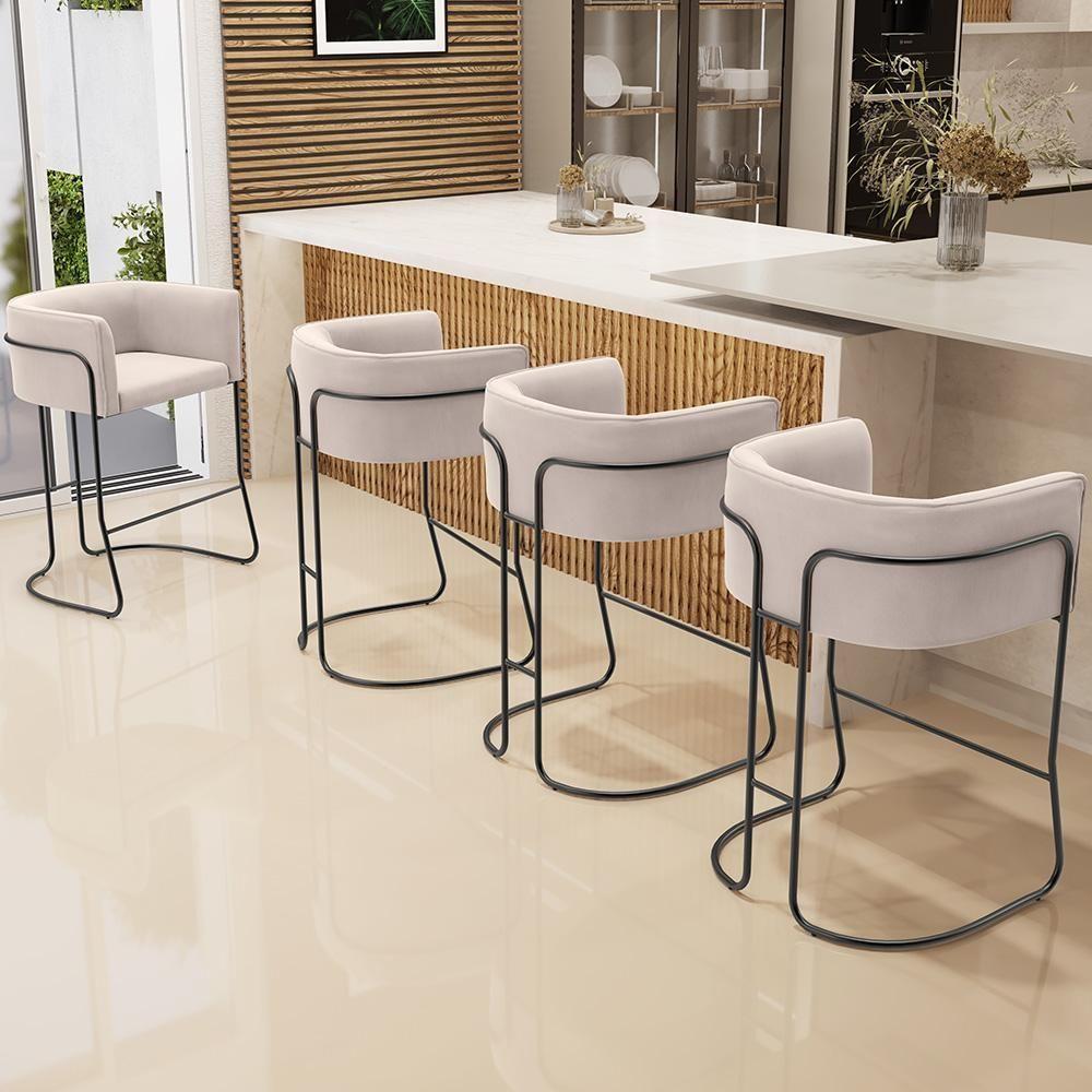 Kit 04 Banquetas Baixa Base De Aço Preto Betina D02 Suede Bege C-309 - Lyam Decor - 7