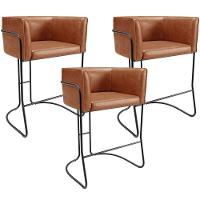 Kit 03 Banquetas Baixa Base De Aço Preto Betina D02 Couríssimo Camel B-14 - Lyam Decor - 1