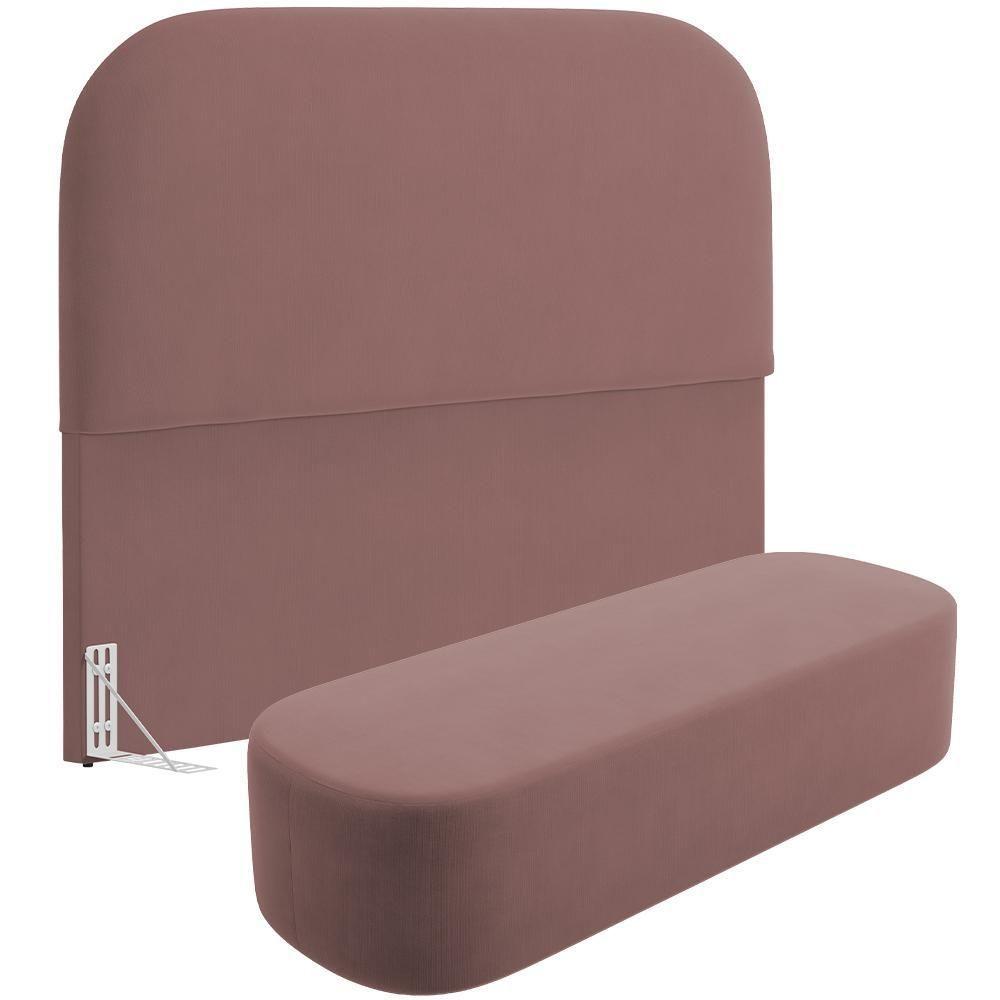 Cabeceira Cama Box King 195cm Lanna Com Puff Recamier Doha W01 Suede Rosê - Lyam Decor - 1