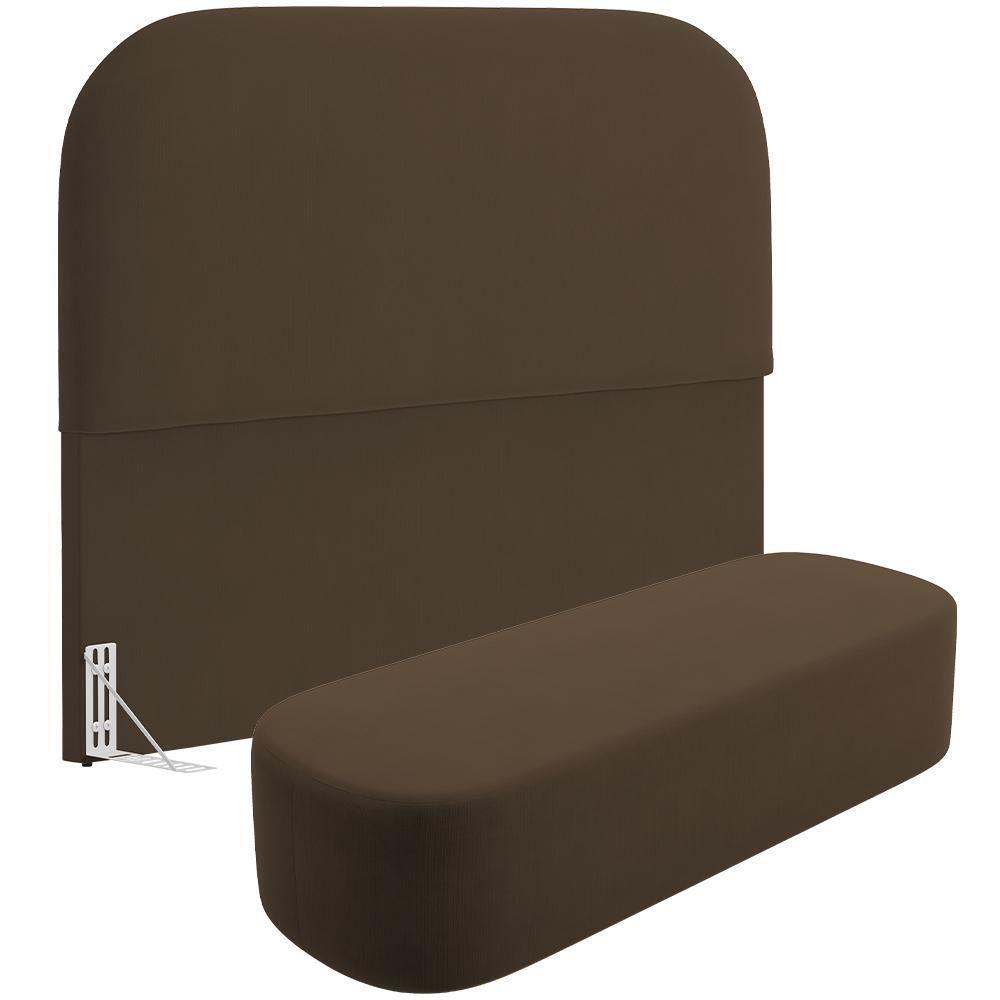 Cabeceira Cama Box Casal 140cm Lanna Com Puff Recamier Doha W01 Suede Marrom - Lyam Decor - 1
