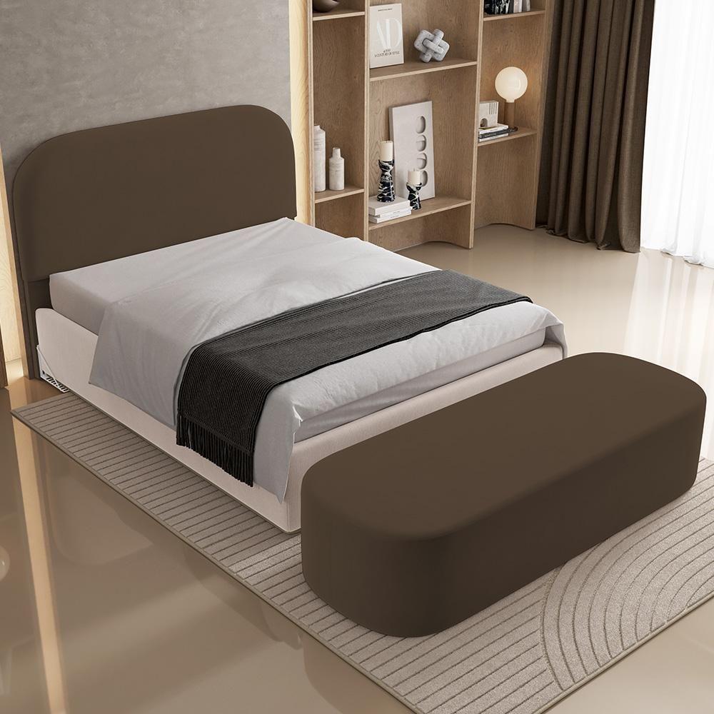 Cabeceira Cama Box Casal 140cm Lanna Com Puff Recamier Doha W01 Suede Marrom - Lyam Decor - 8