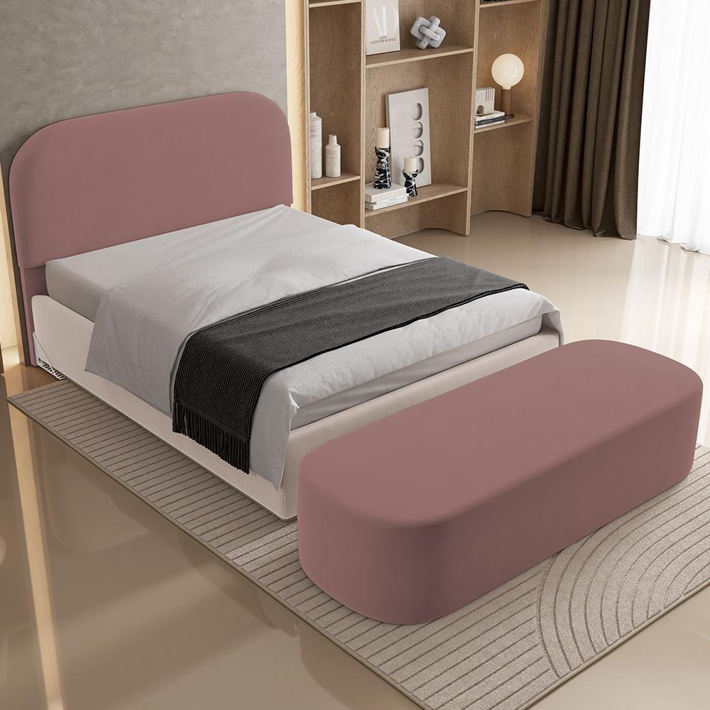 Cabeceira Cama Box Casal 140cm Lanna Com Puff Recamier Doha W01 Suede Rosê - Lyam Decor - 6