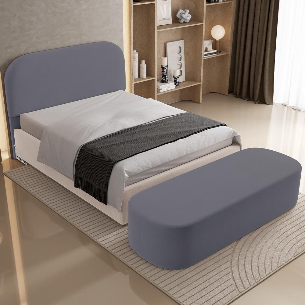 Cabeceira Cama Box Casal 140cm Lanna Com Puff Recamier Doha W01 Suede Cinza - Lyam Decor - 10