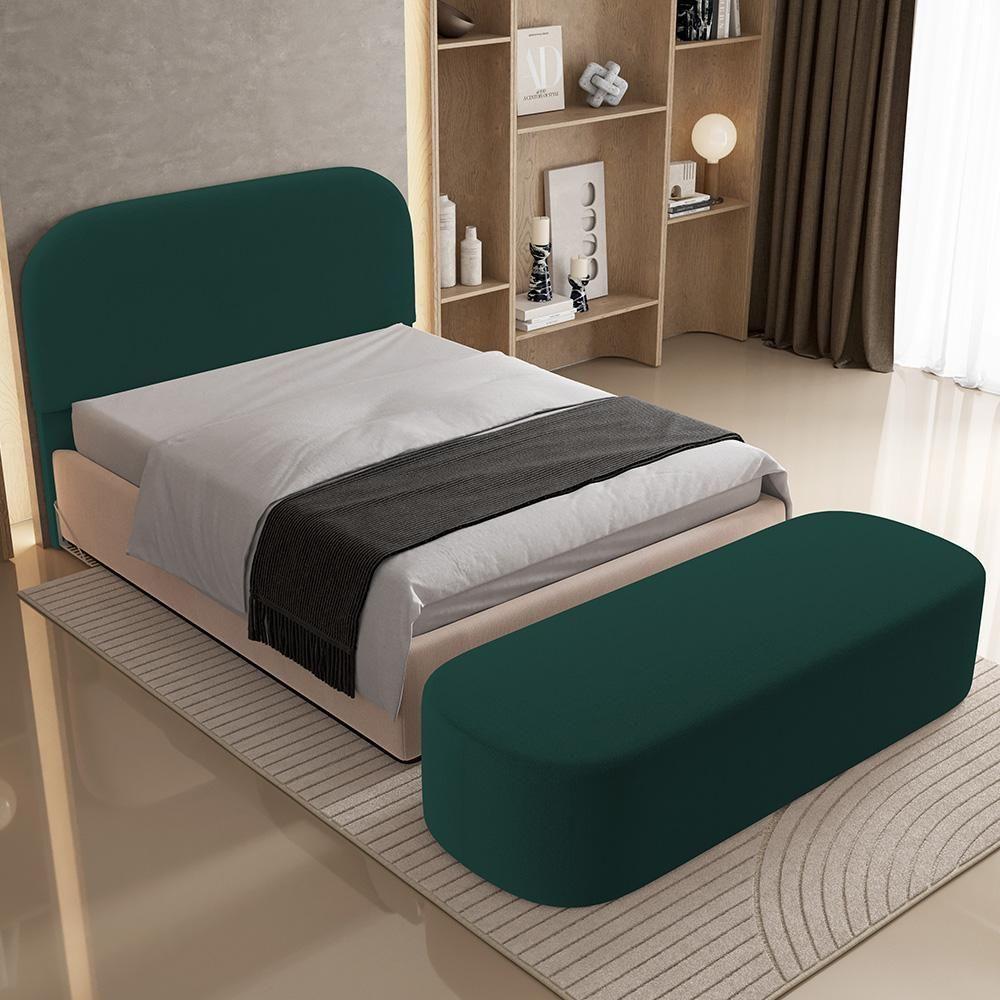 Cabeceira Cama Box Casal 140cm Lanna Com Puff Recamier Doha W01 Bouclê Verde - Lyam Decor - 9