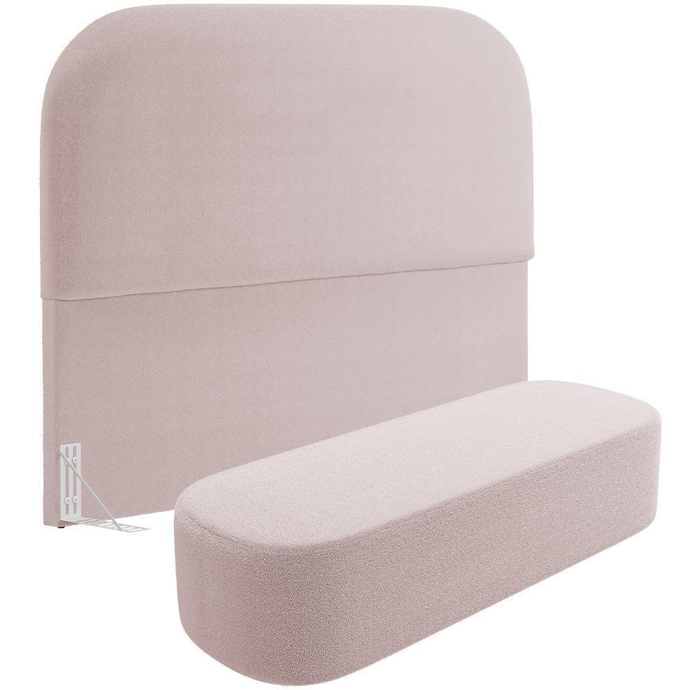 Cabeceira Cama Box Queen 160cm Lanna Com Puff Recamier Doha W01 Bouclê Rosê - Lyam Decor - 1
