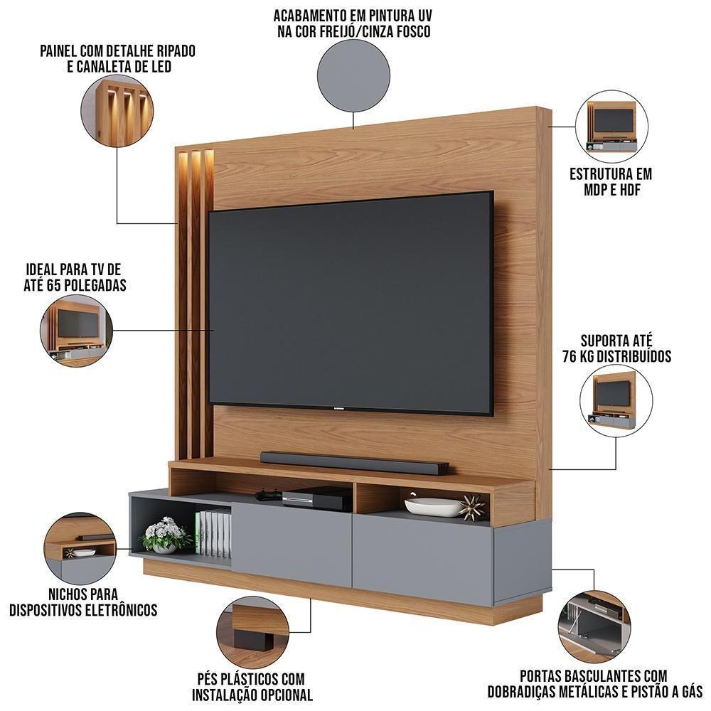Estante Painel Para Tv 65 Pol Com Led Alencar C04 Freijó Cinza Fosco - Lyam Decor - 2