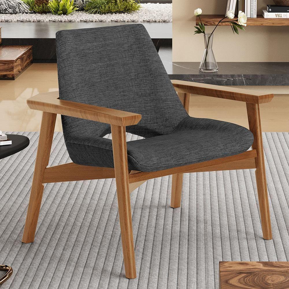 Kit 02 Poltronas Decorativa Para Sala De Estar Living Base Madeira Becker L02 Linho Cinza Escuro - Lyam Decor - 6
