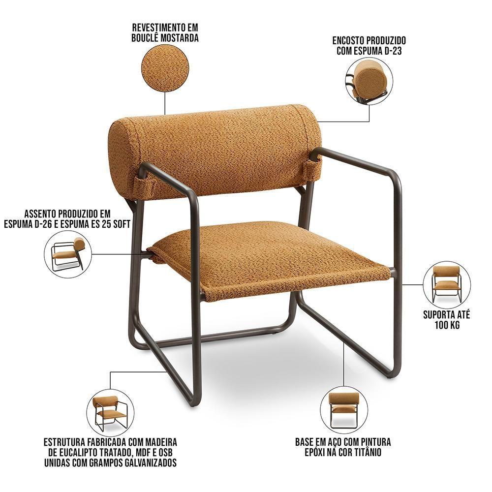 Kit 02 Poltronas Decorativa Sala Living Base Aço Titânio Volvere C06 Prime Bouclê Mostarda - Lyam Decor - 5