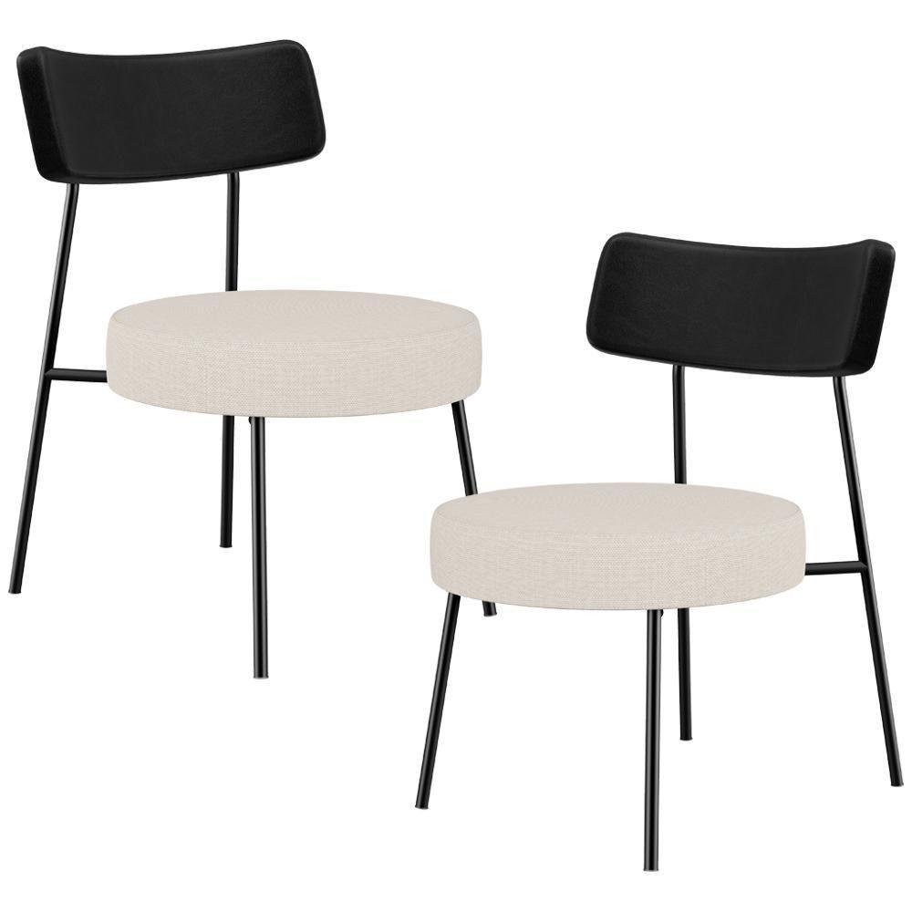 Kit 02 Poltronas Decorativas Para Sala De Estar Base Fixa Londres L02 Couríssimo Preto Linho Cru - Lyam - 1