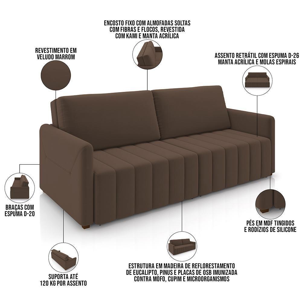 Sofá Cama Retrátil Para Sala De Estar 220cm Porthos M03 Veludo Marrom - Lyam Decor - 7