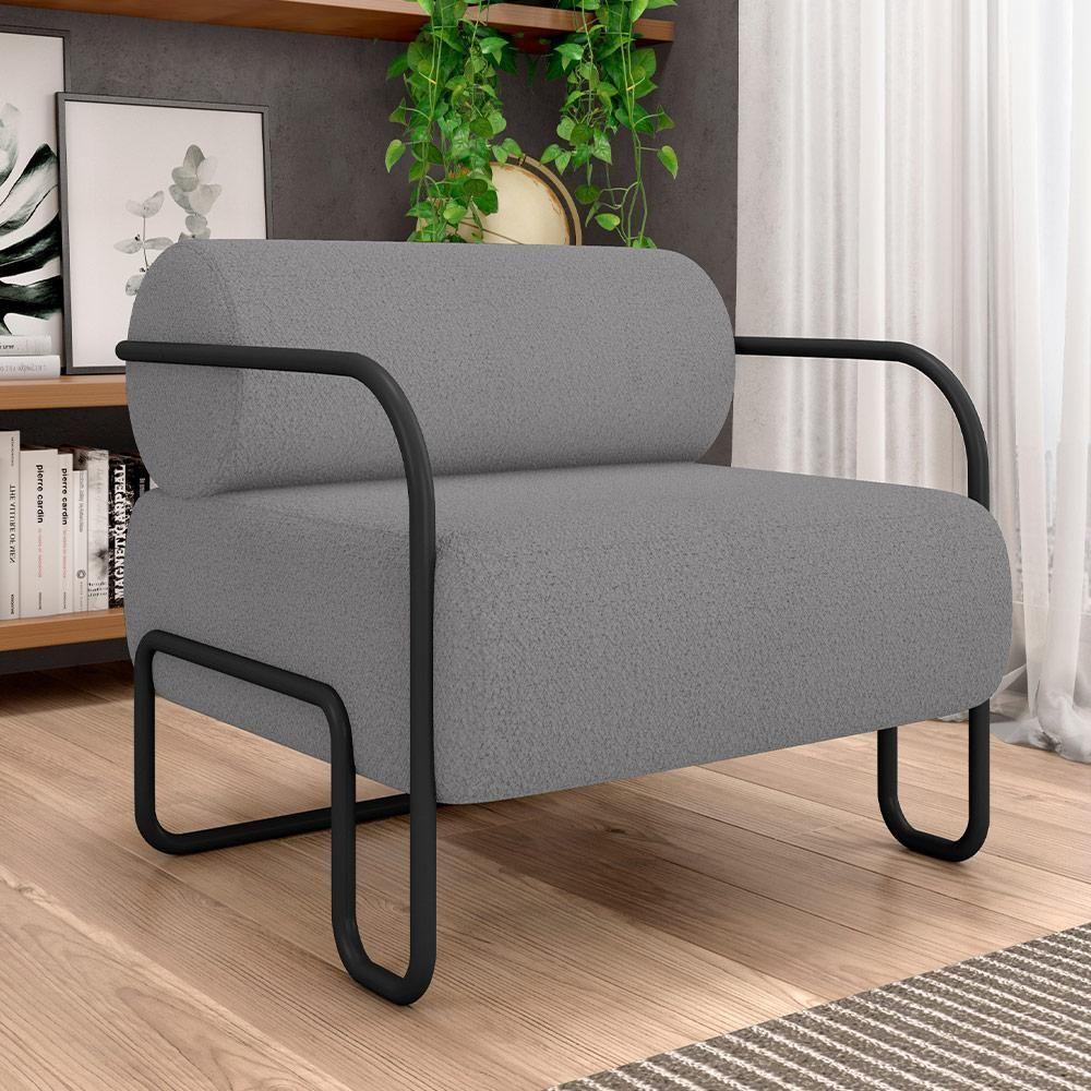 Kit 02 Poltronas Decorativa Pés Industrial Moscou K01 Bouclê Cinza - Lyam Decor - 6