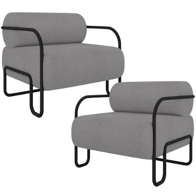 Kit 2 Poltronas Decorativas Moscou K01 Pés Industrial Bouclê Cinza Lyam Decor