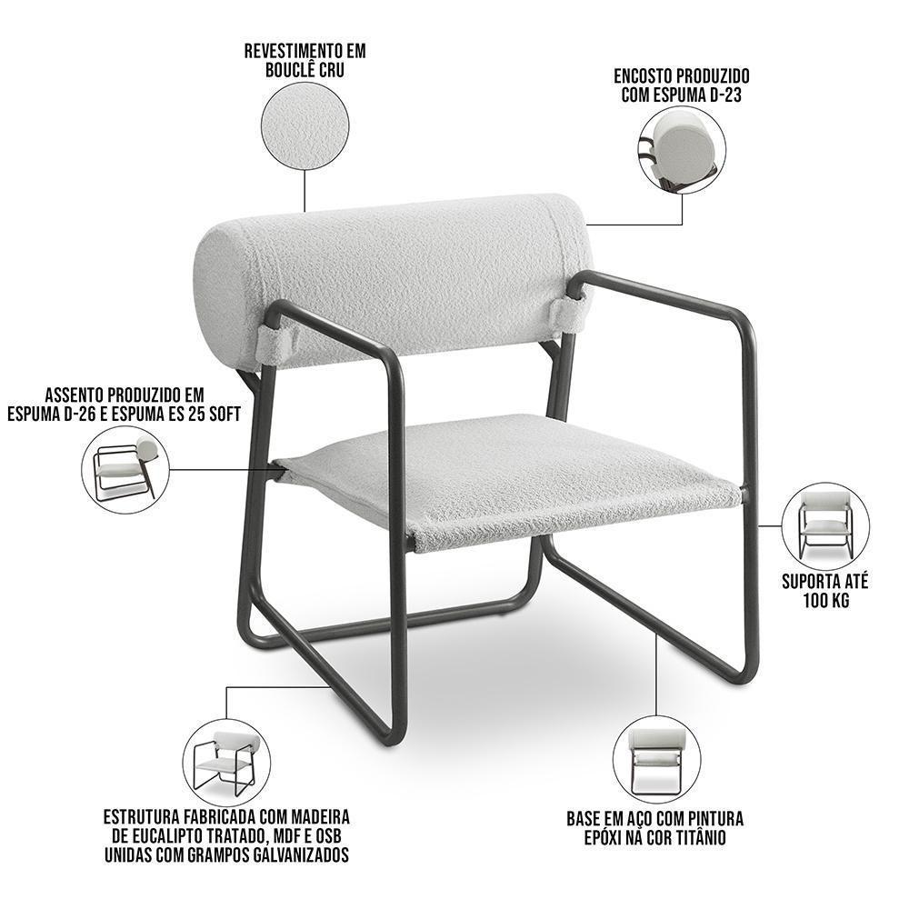 Kit 02 Poltronas Decorativa Sala Living Base Aço Titânio Volvere C06 Prime Bouclê Cru - Lyam Decor - 5
