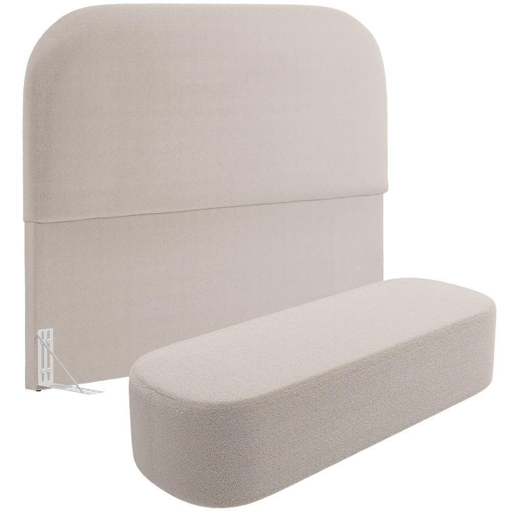 Cabeceira Cama Box Queen 160cm Lanna Com Puff Recamier Doha W01 Bouclê Creme - Lyam Decor - 1
