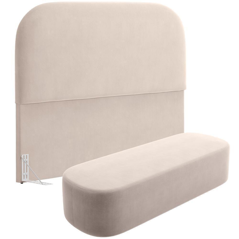 Cabeceira Cama Box Queen 160cm Lanna Com Puff Recamier Doha W01 Suede Bege - Lyam Decor - 1