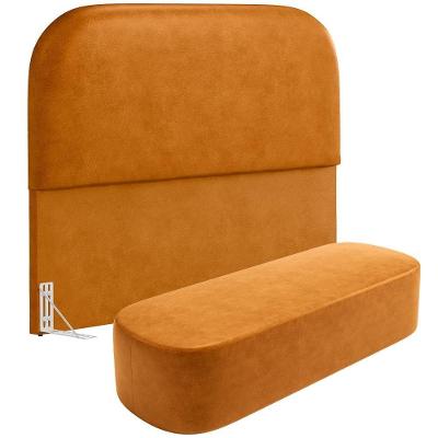 Cabeceira Lanna para Cama Box Casal 140cm em Madeira Maciça com Couro Sintético Marrom com Puff