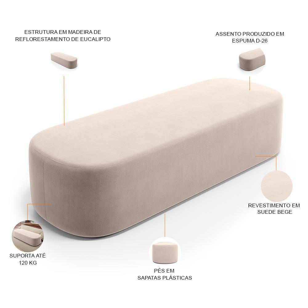 Cabeceira Cama Box Casal 140cm Lanna Com Puff Recamier Doha W01 Suede Bege - Lyam Decor - 3