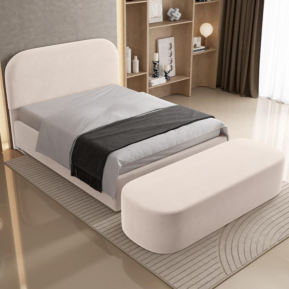 Cabeceira Cama Box Casal 140cm Lanna Com Puff Recamier Doha W01 Suede Bege - Lyam Decor - 7