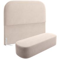 Cabeceira Cama Box Casal 140cm Lanna Com Puff Recamier Doha W01 Suede Bege - Lyam Decor - 1