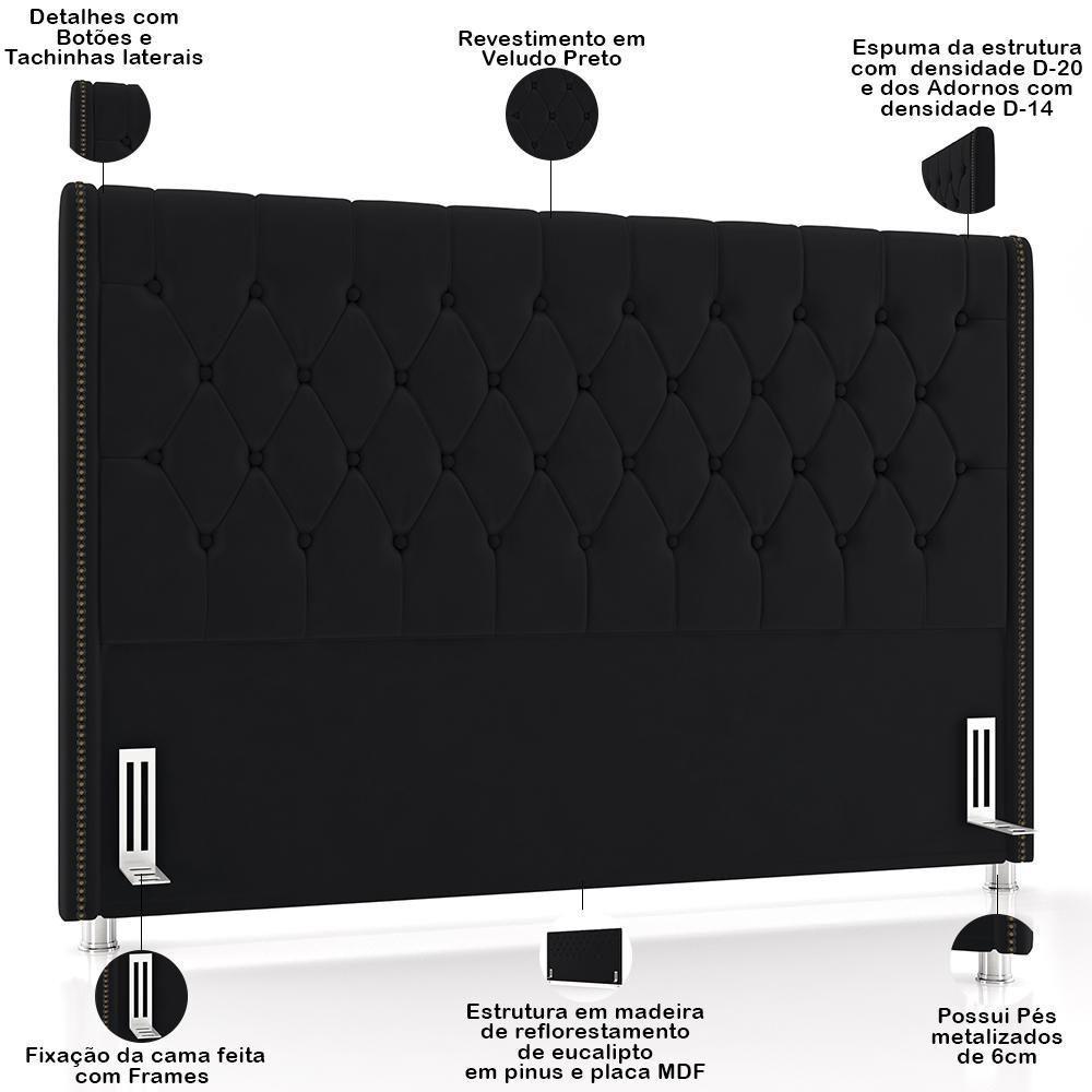 Cabeceira Cama Box Casal 140cm Estofada Frizza P05 Veludo Preto - Lyam Decor - 4