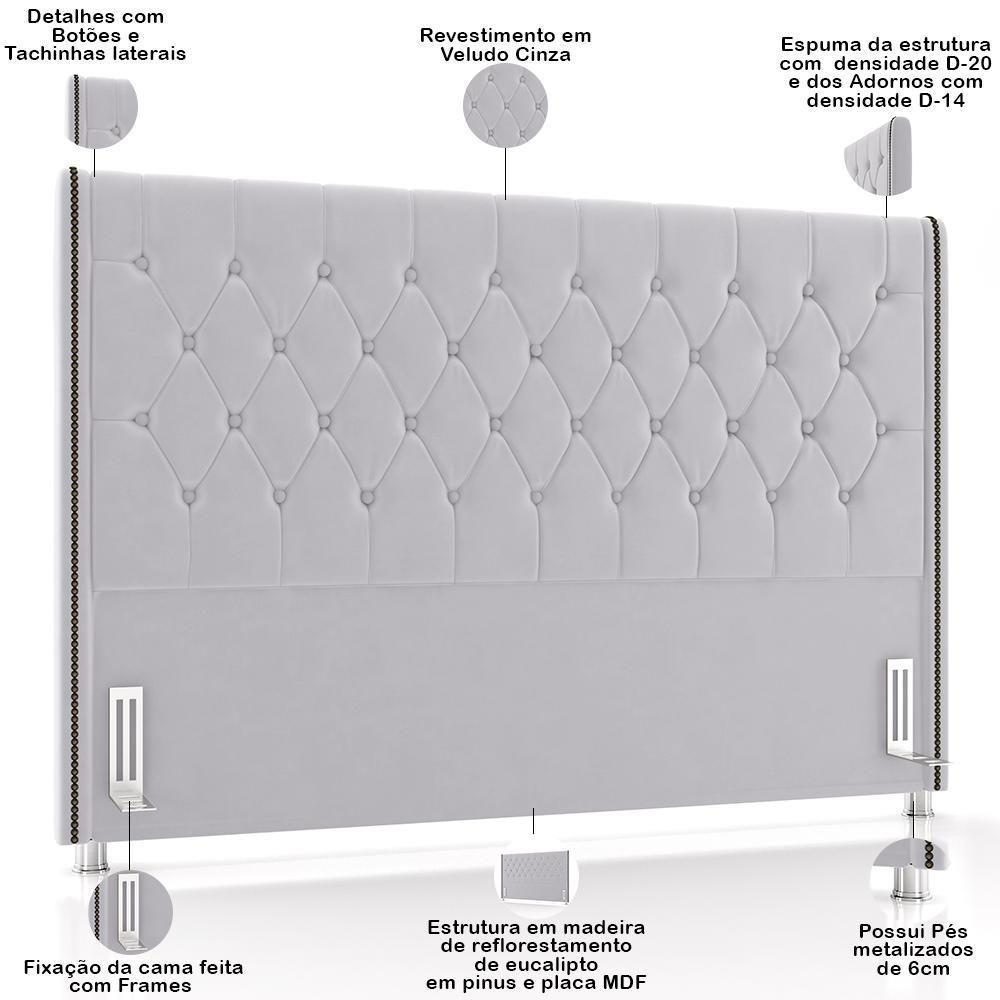 Cabeceira Cama Box King 195cm Estofada Frizza P05 Veludo Cinza - Lyam Decor - 4