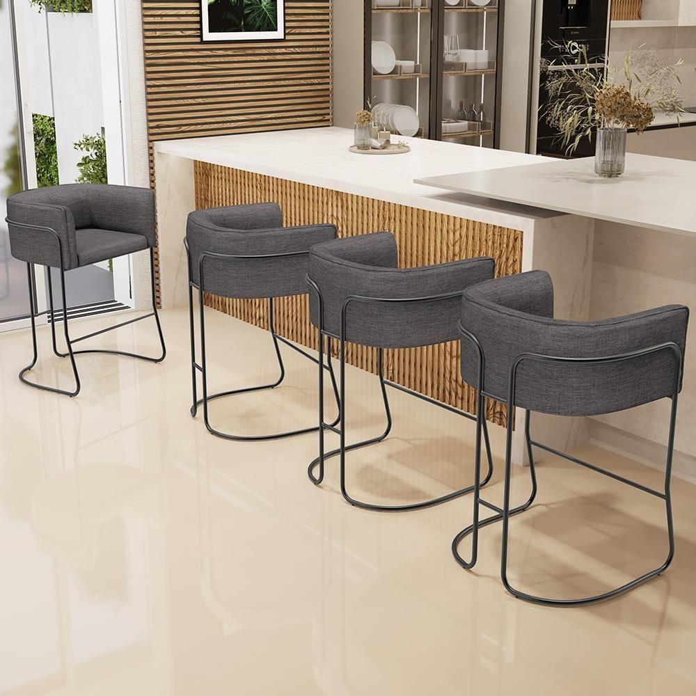 Kit 04 Banquetas Baixa Base De Aço Preto Betina D02 Linho Cinza Escuro C-416 - Lyam Decor - 6