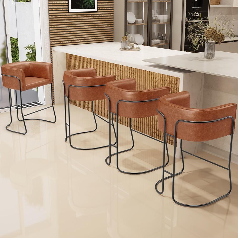 Kit 04 Banquetas Baixa Base De Aço Preto Betina D02 Couríssimo Camel B-14 - Lyam Decor - 6