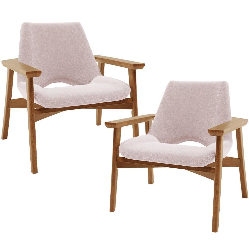 Kit 02 Poltronas Decorativa Para Sala De Estar Living Base Madeira Becker L02 Bouclê Rosê - Lyam Decor - 1