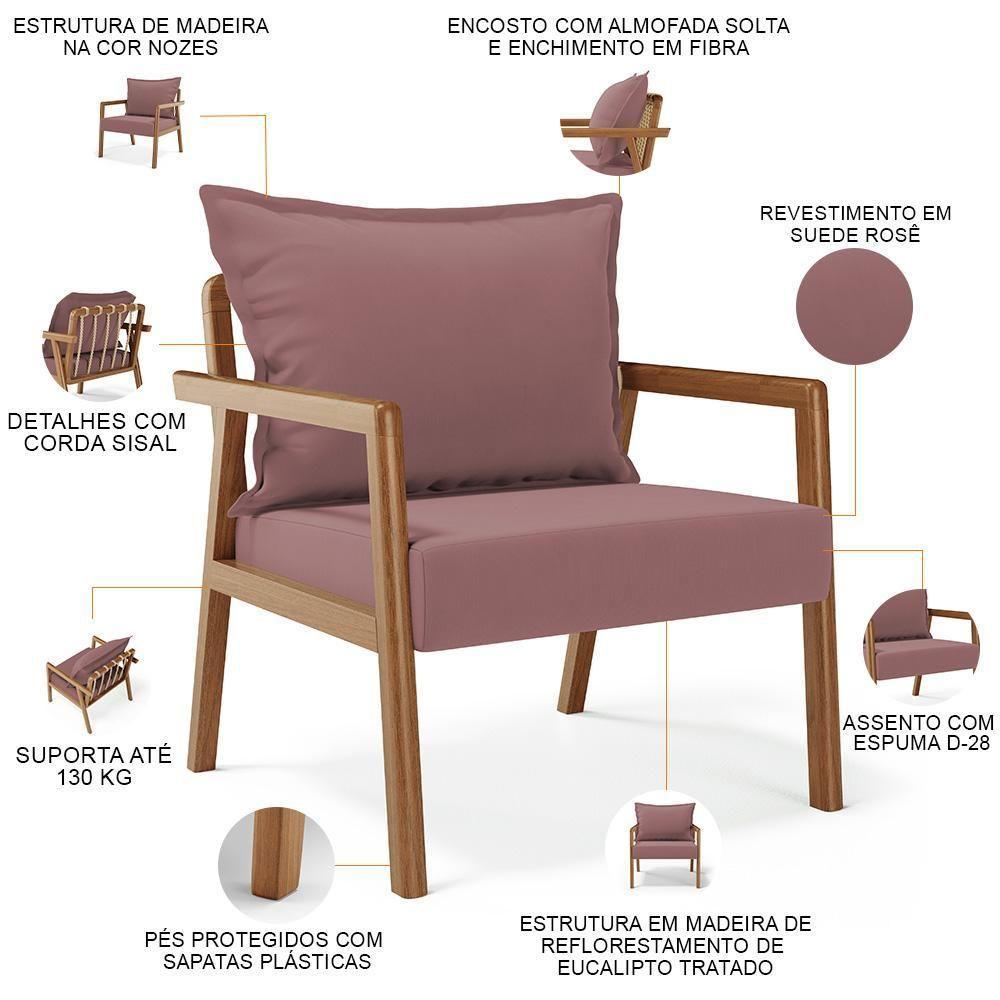 Kit 02 Poltronas Decorativa Para Sala De Estar Alícia B04 Suede Rosê - Lyam Decor - 6