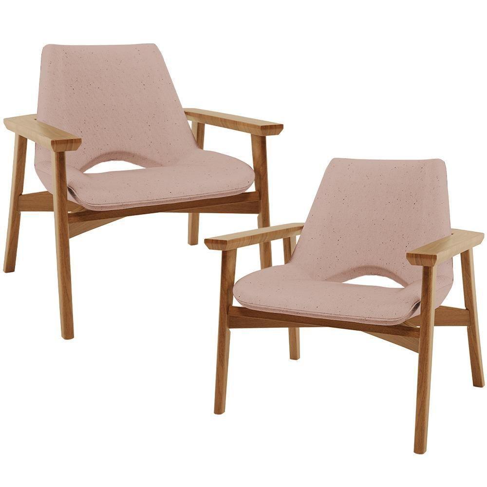 Kit 02 Poltronas Decorativa Para Sala De Estar Living Base Madeira Becker L02 Linho Rosê - Lyam Decor - 1