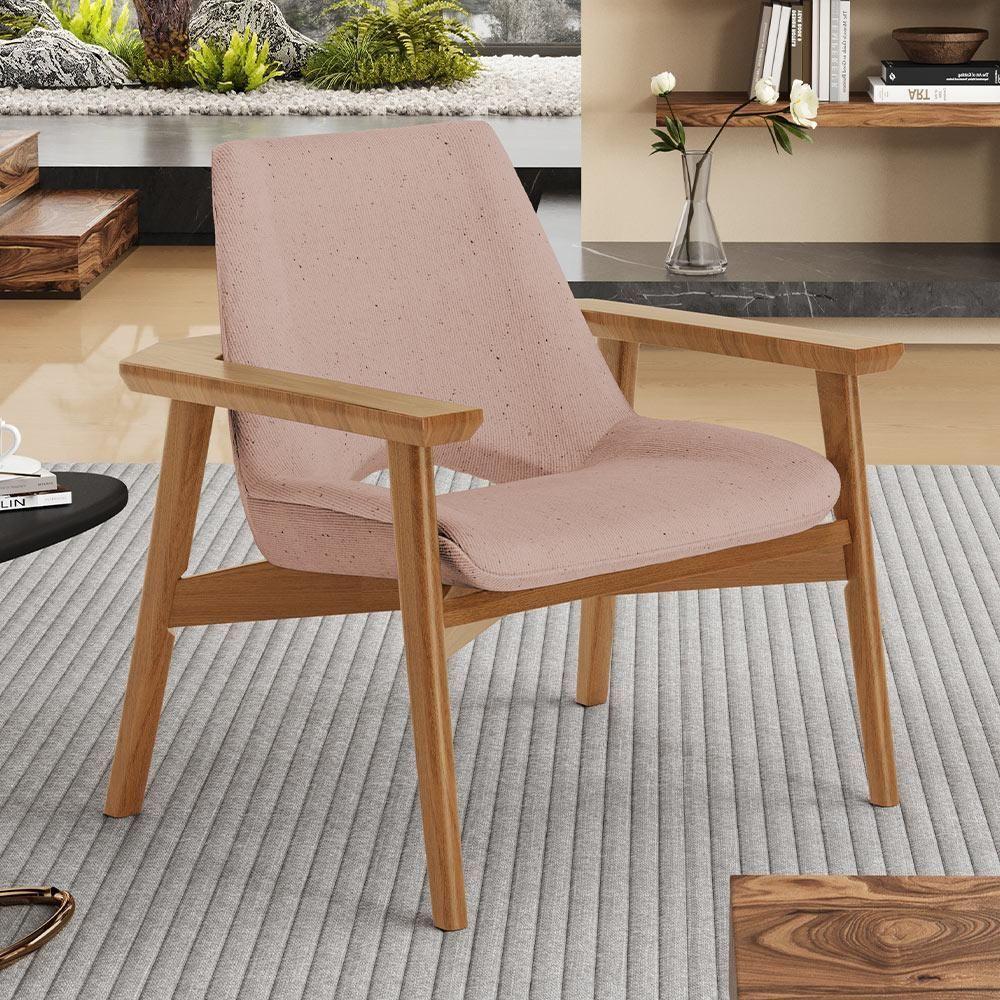Kit 02 Poltronas Decorativa Para Sala De Estar Living Base Madeira Becker L02 Linho Rosê - Lyam Decor - 6