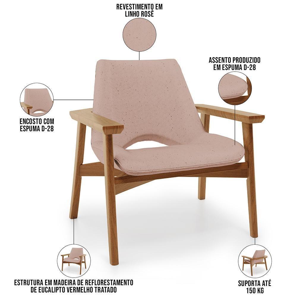 Kit 02 Poltronas Decorativa Para Sala De Estar Living Base Madeira Becker L02 Linho Rosê - Lyam Decor - 7