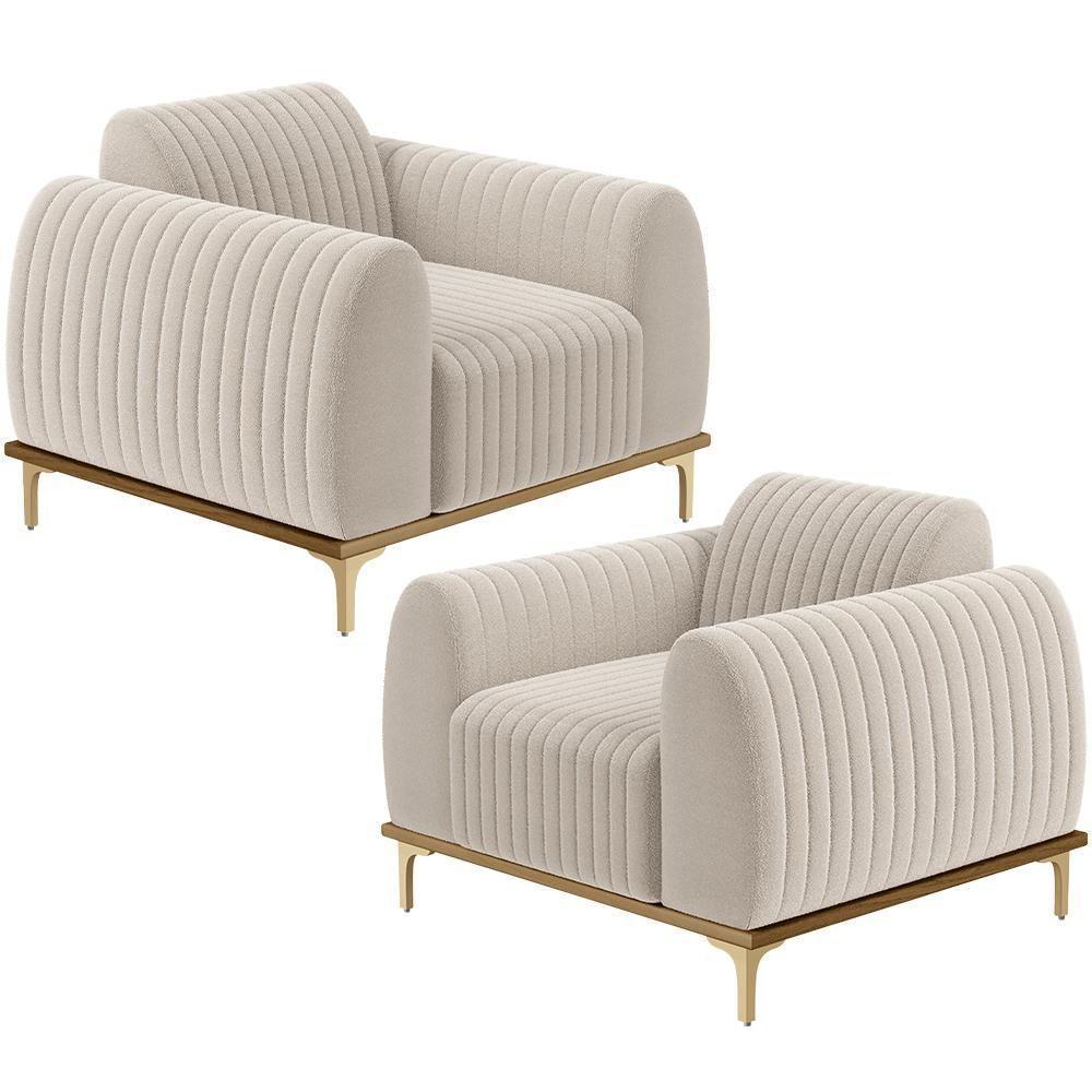 Kit 02 Poltronas Decorativa Base De Madeira Castanho E Pés Metalizado D'ouro Molino D02 Bouclê Creme B-54 - Lyam Decor - 1