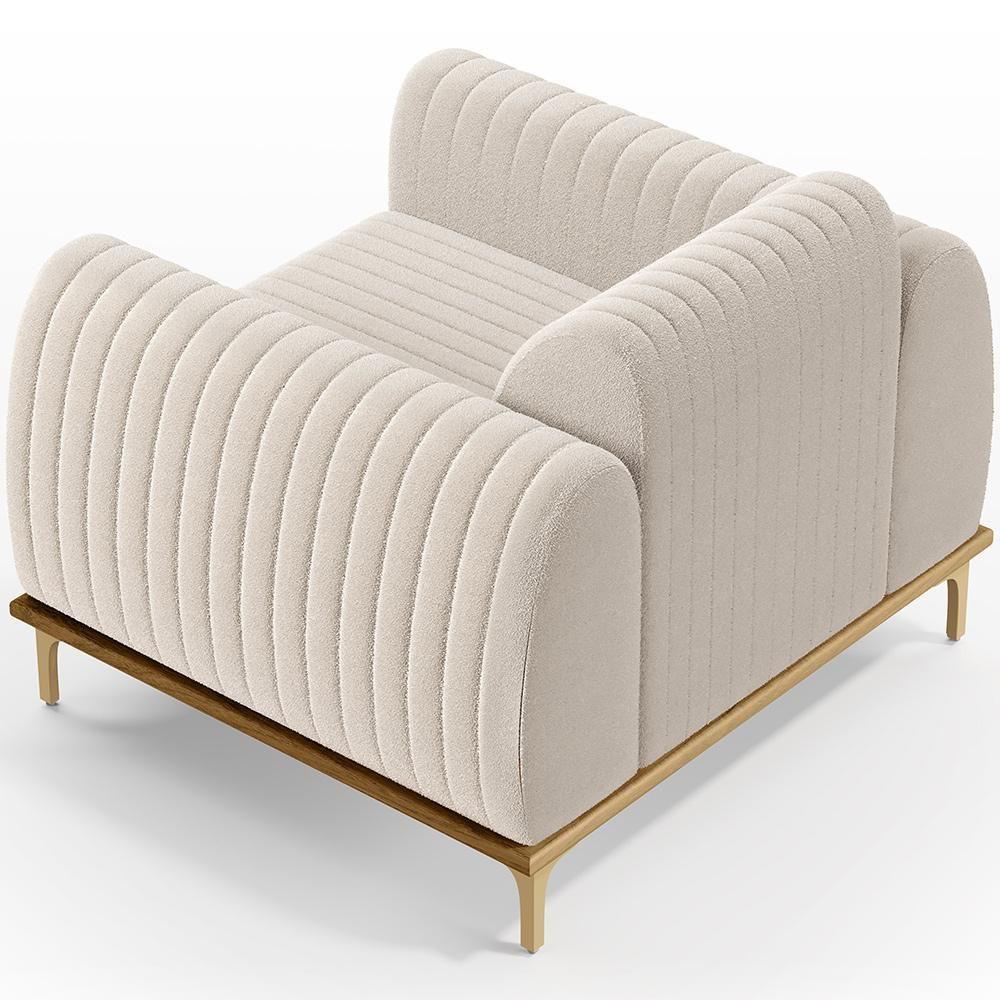 Kit 02 Poltronas Decorativa Base De Madeira Castanho E Pés Metalizado D'ouro Molino D02 Bouclê Creme B-54 - Lyam Decor - 4