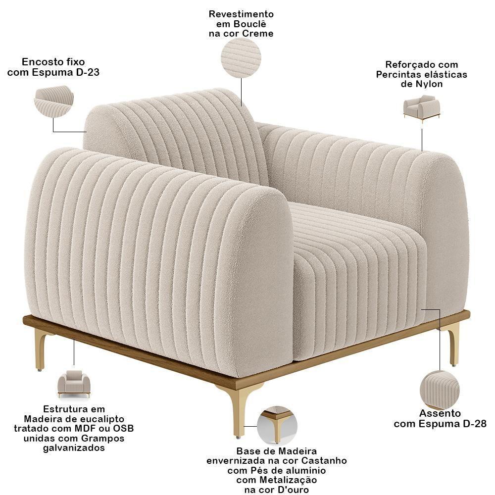 Kit 02 Poltronas Decorativa Base De Madeira Castanho E Pés Metalizado D'ouro Molino D02 Bouclê Creme B-54 - Lyam Decor - 7